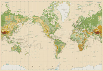 America Centered Physical World Map On Retro White