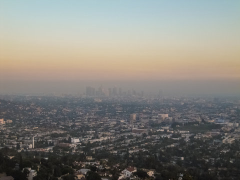 Cityscape or skyline of the LA city with smog during sunrise or sunset in Los Angeles © Andriy Blokhin
