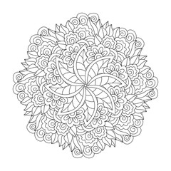 Round element for coloring book. Black and white floral pattern. Mandala.