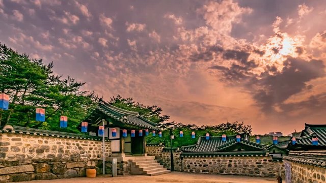 South Korea, Seoul - Sunset at namsan hanok village. Time lapse