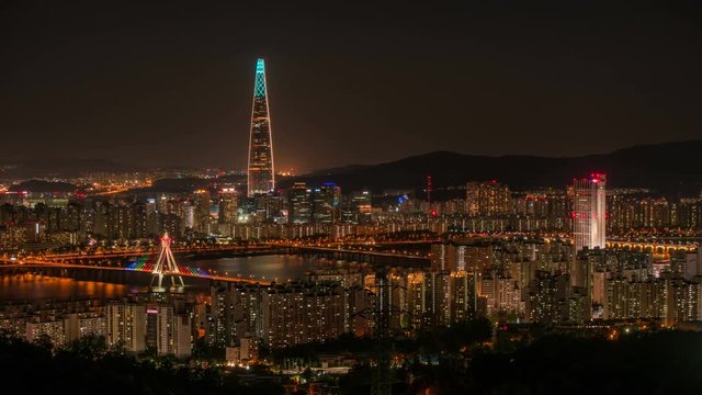 South Korea. Night view of Seoul city and skyline with skyscrapers.	