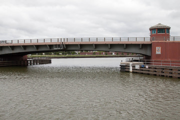 Red drawbridge on the Fox River in Green Bay, WI