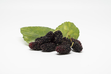 Ripe mulberries with leaf isolated on white background