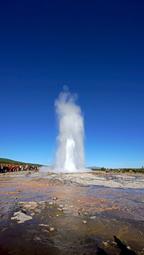 Strokkur Is A Particularly Tourist Friendly Geyser, Erupting Reliably In Every 6 Or So Minutes, Typically Up To Twenty Meters High. Strokkur Is In Haukadalur Valley, Western Iceland.