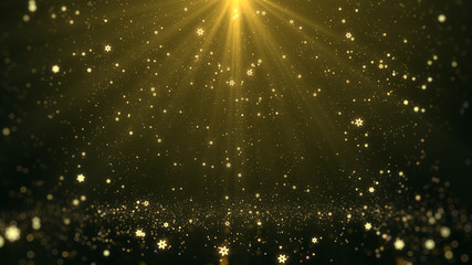 Christmas greeting background (gold theme) with snowflakes, shine lights and particles bokeh in...