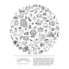 Hand drawn doodle Thanksgiving icons set. Vector illustration autumn symbols collection. Cartoon celebration elements: turkey, hat, cranberry, vegetables, pumpkin pie, leaves, cornucopia, basket. 
