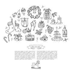 Hand drawn doodle Merry Christmas icons set. Sketchy vector illustration elements. Candles gift boxes christmas tree wreath stocking candy cane bells holly decoration  Merry Christmas