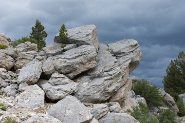 A rock outcropping in the foreground with evergreen trees growing around the rocks. Cloudy sky is...