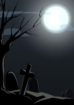 halloween night with graveyard  background, black halloween party greeting, vector illustration
