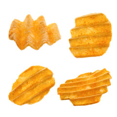 Tasty potato chips on white background