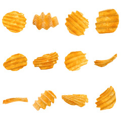 Tasty potato chips on white background