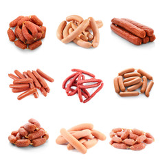 Different sausages on white background