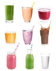 Different protein shakes in glassware on white background