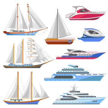 Yacht sailboat or sailing ship and sea marine cruise boat vector flat icons