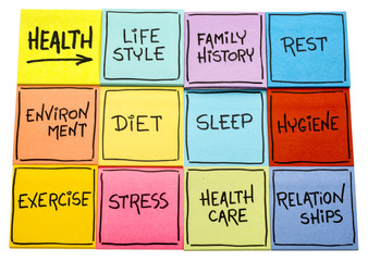 health concept - word cloud on sticky notes