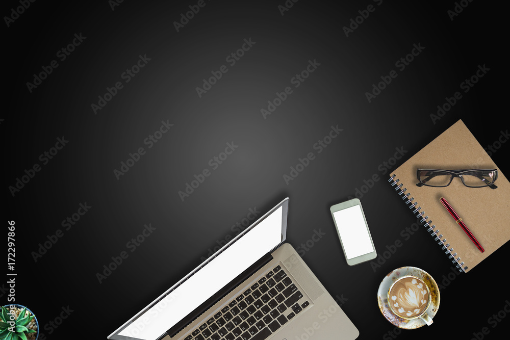 Poster modern dark surface office desk table with computer and cup of coffee. hero header concept with copy