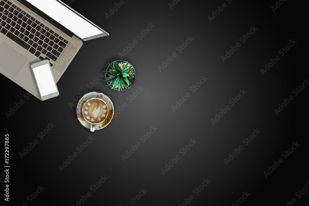 Poster modern dark surface office desk table with computer and cup of coffee. hero header concept with copy