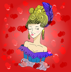 Vector rococo doodle girl wearing big hairstyle and shoulder open dress on festive pink background. Queen of hearts. 