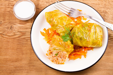 Stuffed cabbage leaves with meat. Cabbage rolls with meat; rice and vegetables.  Dolma; sarma; sarmale; golubtsy or golabki - popular dish in many countries
