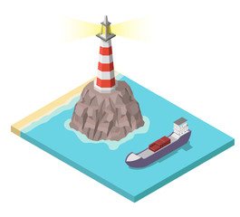 Isometric lighthouse on rock and ship vector