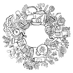 Green tea circle doodles. Sketched green tea healthy elements, natural products and objects related to green tea, vector hand draw illustration.