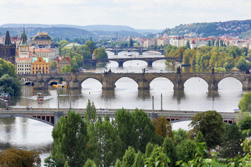 Naklejka premium Prague, Czech Republic - August 21, 2017: View of the city's bridges from the top of Letna park