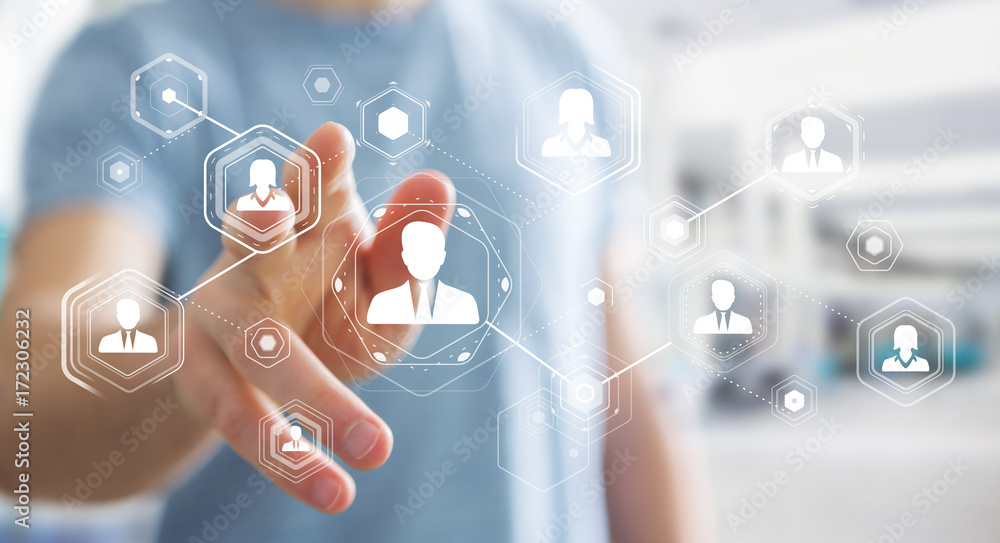 Poster businessman using digital social network 3d rendering