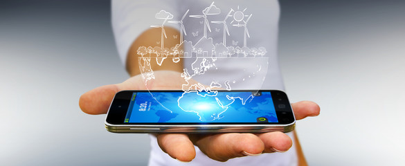 Businessman holding renewable energy sketch