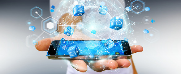 Flying earth network interface activated by businessman 3D rendering