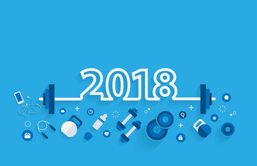 2018 new year fitness concept workout with equipment. Vector illustration modern layout template flat design