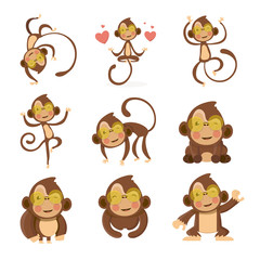 Set of cute funny monkeys in a cartoon style. 
