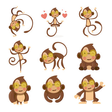 Set of cute funny monkeys in a cartoon style. 
