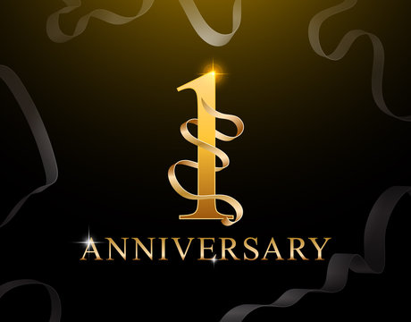 1 year anniversary celebration logotype template. 1st logo with ribbons on black background. Gold anniversary design.
