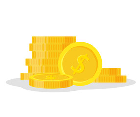 Set coins stack vector illustration, icon flat finance heap, dollar coin pile. Golden money standing on stacked, gold piece isolated on white background - flat style