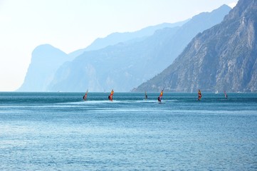 Surfing on Garda lake  in Torbole, Italy, sept 09 2016
