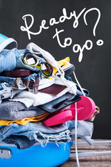 Text Ready to Go Blue Overloaded Suitcase Things