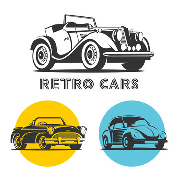 Retro cars. Set of vector logos, icons. Isolated on a white background.