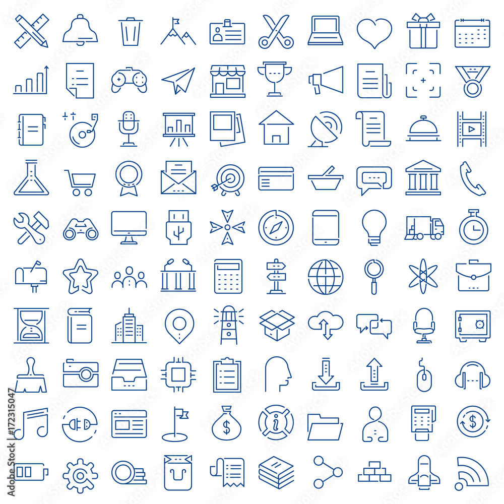 Poster set of 100 vector linear thin icons related of media market service and social media icons for mobil