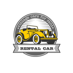 Fototapeta na wymiar Vintage cars for rent. Yellow retro car convertible. Vector logo isolated on white background.