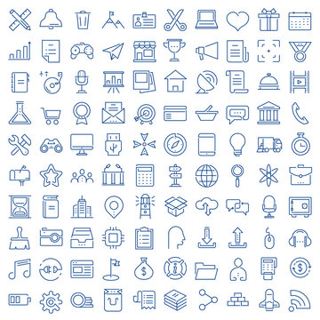 Set of 100 vector linear thin icons related of media market service and social media icons for mobile application. Mono line pictograms and infographics design elements