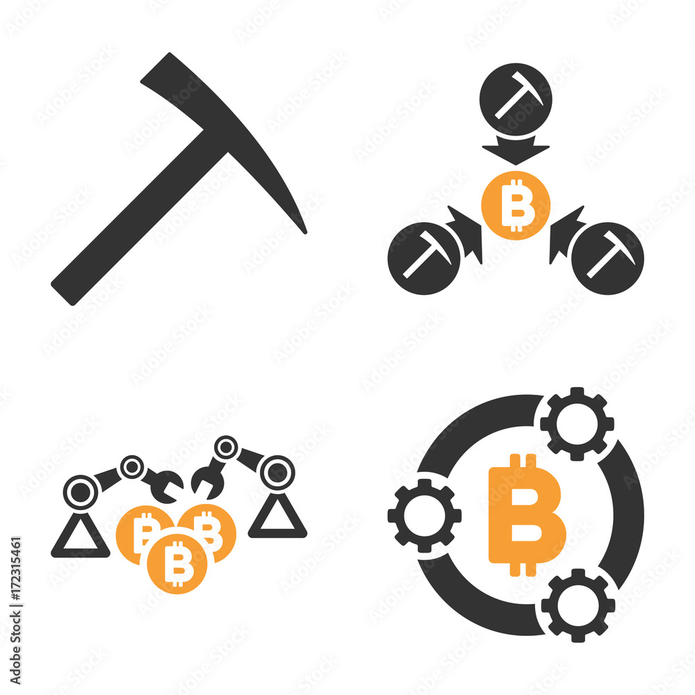 Aufkleber bitcoin mining pool vector icon set. style is bicolor flat symbols.