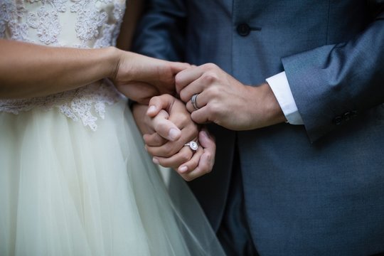 Wedding couple holding hands