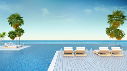 Obraz na płótnie Canvas beach lounge, sun loungers on Sunbathing deck and private swimming pool and panoramic sea view at luxury villa/3d rendering