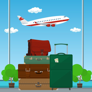 Traveler's Baggage against the Background of a Take-off Plane at the Airport , Travel and Tourism Concept , Vector Illustration