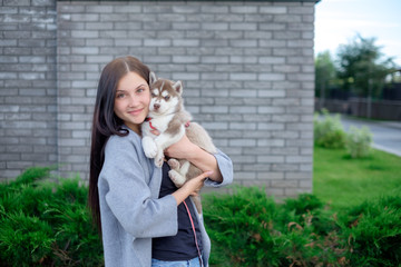 pretty woman beautiful young happy with long dark hair holding small dog puppy on street city background