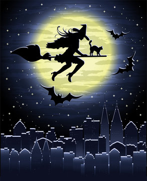 Happy Halloween witch card, vector illustration