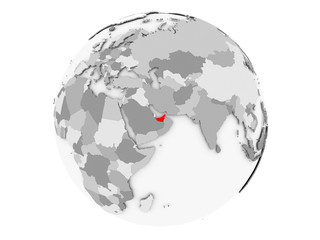 United Arab Emirates on grey globe isolated