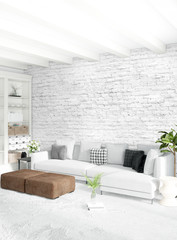 White bedroom minimal style Interior design with wood wall and grey sofa. 3D Rendering. 3D illustration