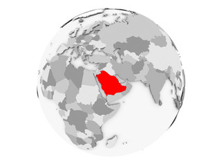 Saudi Arabia on grey globe isolated