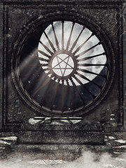 Gotycka krypta z pajęczynami, sarkofagiem i urnami